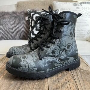 Black Skull Floral Combat Boots Womens 39 Goth Grunge Lace Up Lug Sole Punk